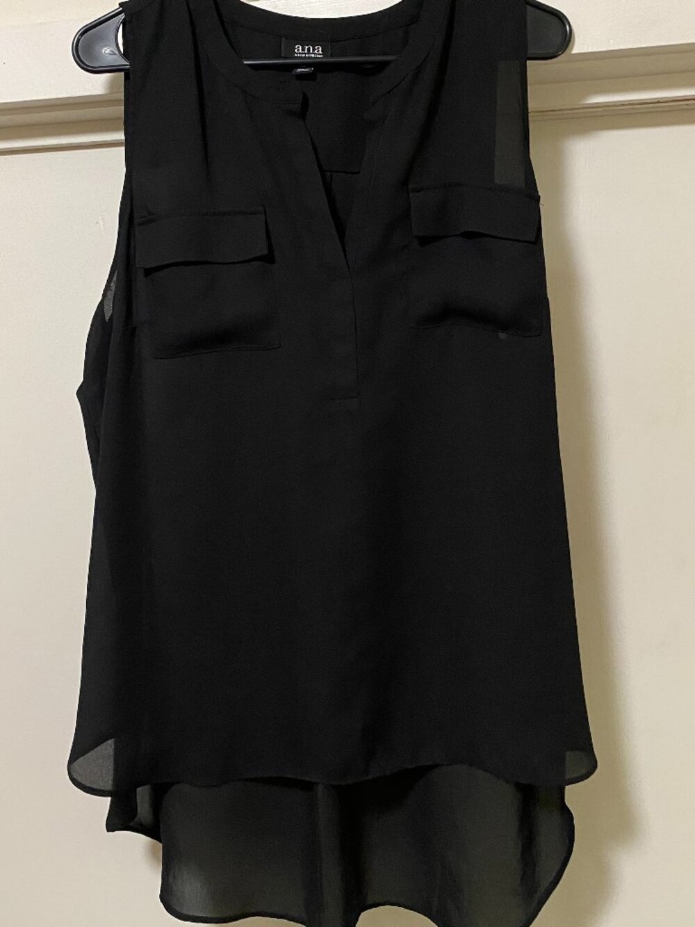 **A.N.A. beautiful sleeveless, semi-sheer, black high/low blouse, size XL